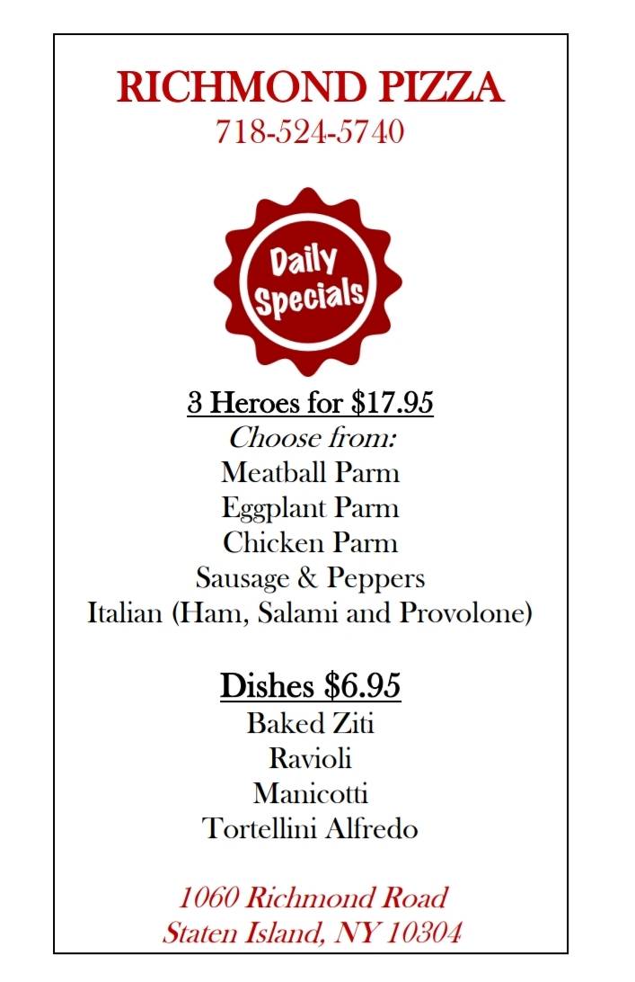Richmond Pizza | restaurant | 1060 Richmond Rd, Staten Island, NY 10304, USA | 7185245740 OR +1 718-524-5740