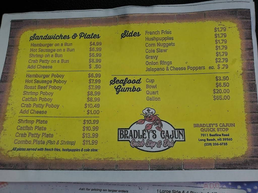 Bradleys | restaurant | 7011 Beatline Rd, Long Beach, MS 39560, USA | 2282066735 OR +1 228-206-6735