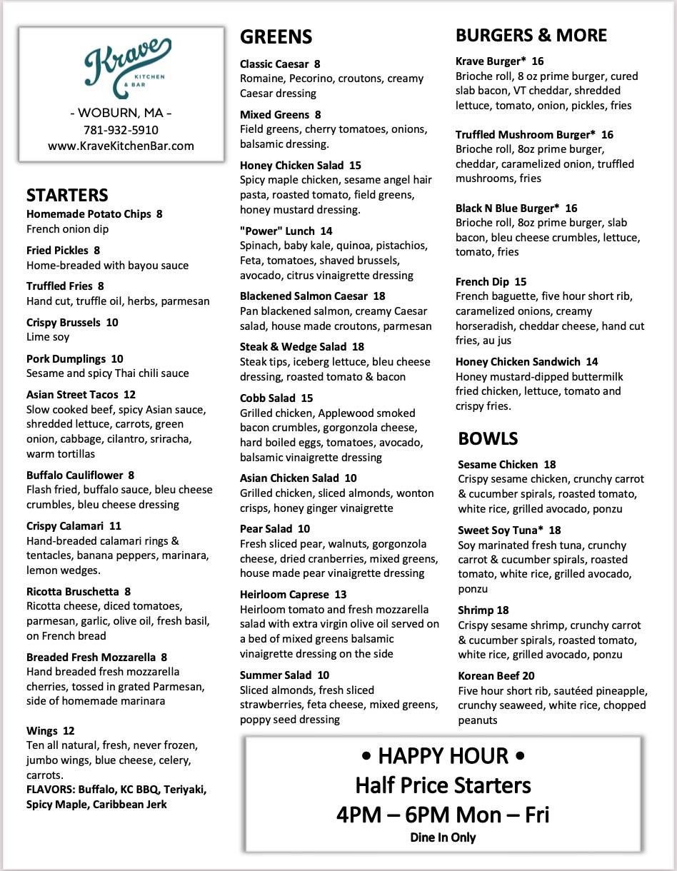 Krave Kitchen & Bar | restaurant | 348 Cambridge Rd B, Woburn, MA 01801, USA | 7819325910 OR +1 781-932-5910