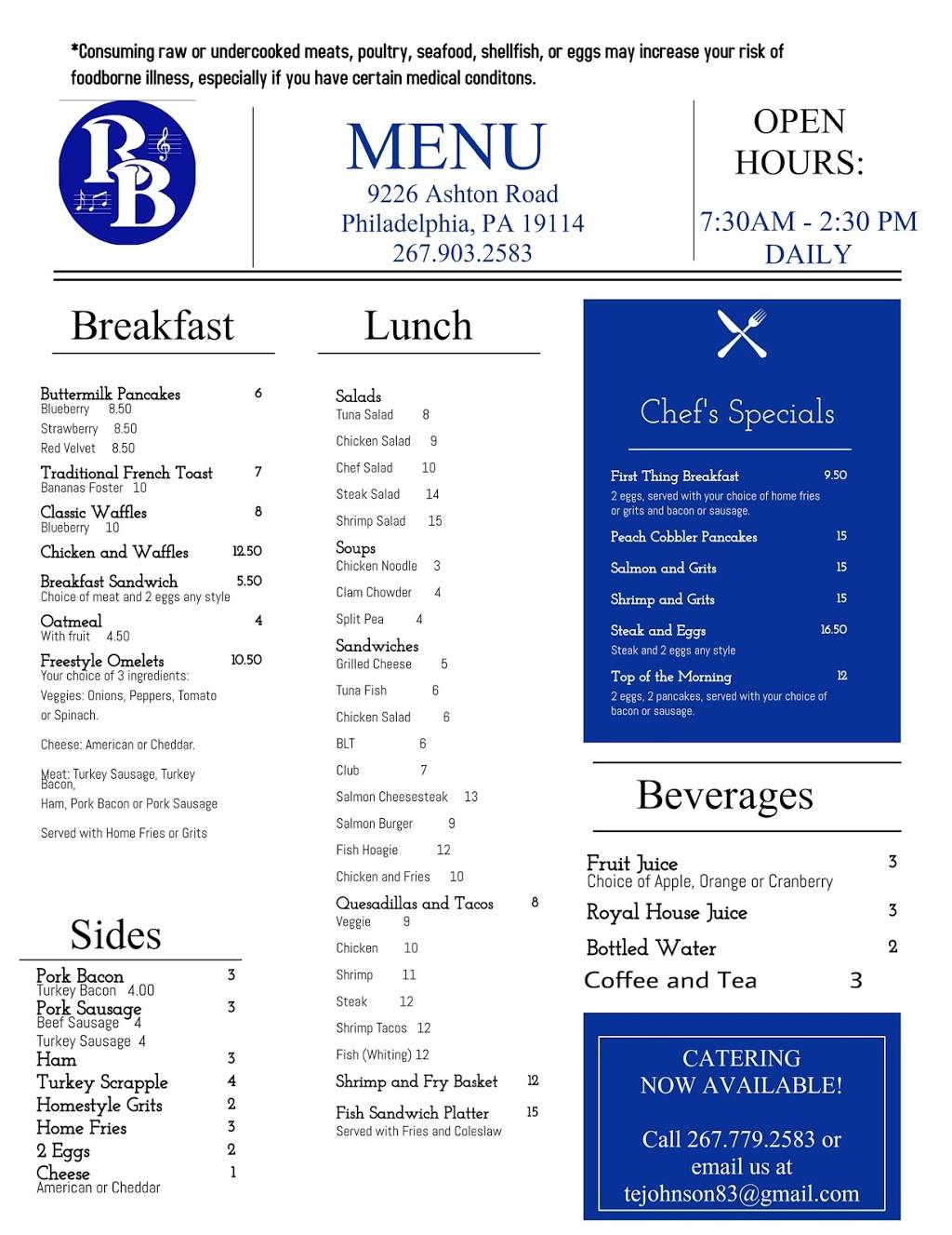 Royal Blue Restaurant | restaurant | 9226 Ashton Rd, Philadelphia, PA 19114, USA | 2679032583 OR +1 267-903-2583
