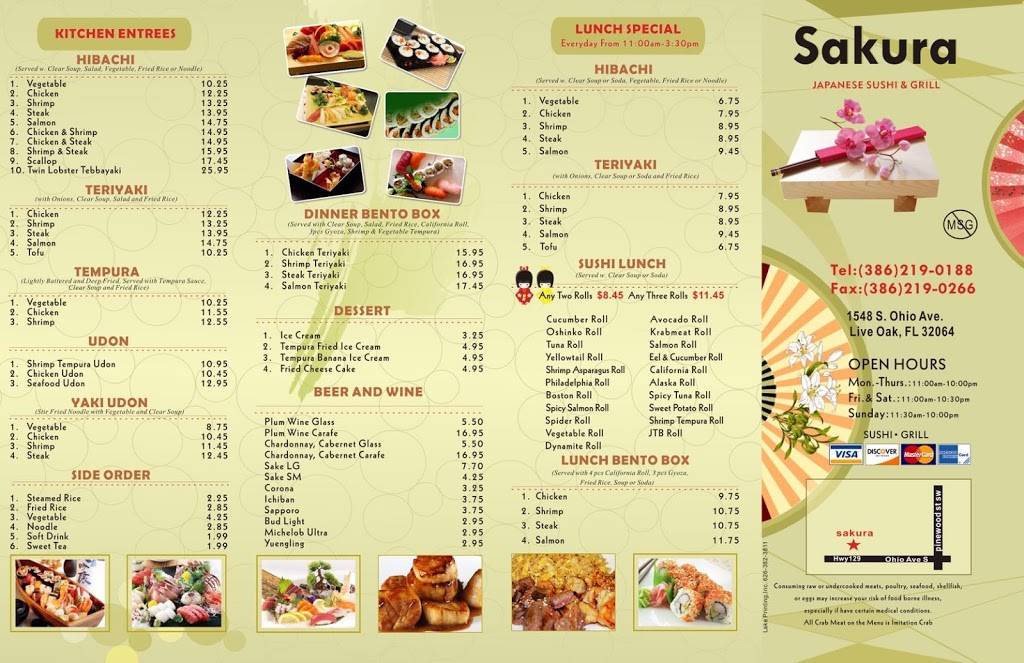 Sakura | restaurant | 1548 Ohio Ave S, Live Oak, FL 32064, USA | 3862190188 OR +1 386-219-0188