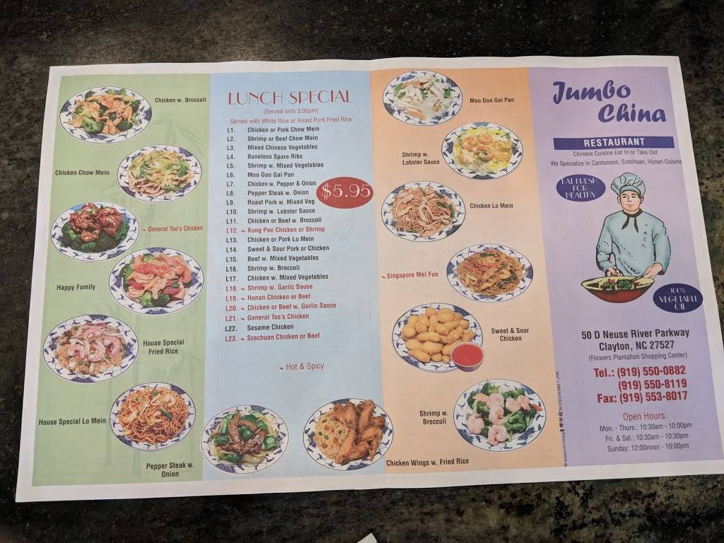 New Jumbo China | meal takeaway | 50 Neuse River Pkwy # 4, Clayton, NC 27527, USA | 9195500882 OR +1 919-550-0882