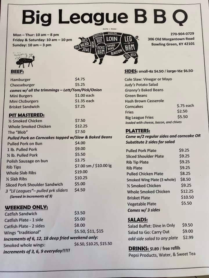 Big League BBQ | restaurant | 306 Old Morgantown Rd, Bowling Green, KY 42101, USA | 2709040729 OR +1 270-904-0729