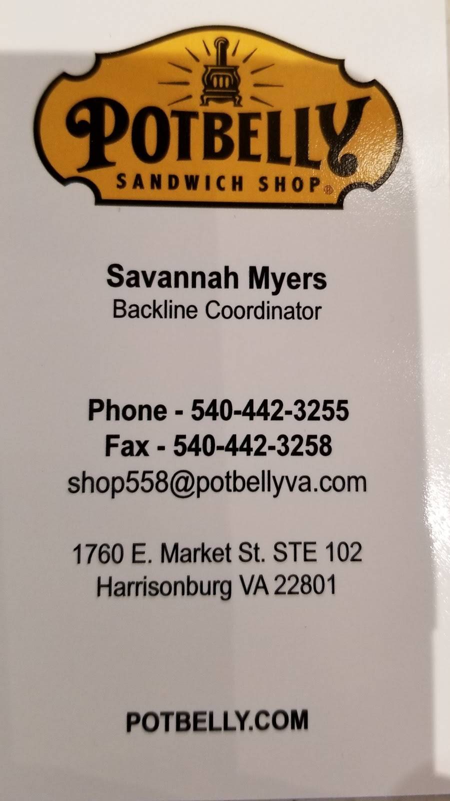 Potbelly Sandwich Shop | restaurant | 1760 E Market St Suite 102, Harrisonburg, VA 22801, USA | 5404423255 OR +1 540-442-3255