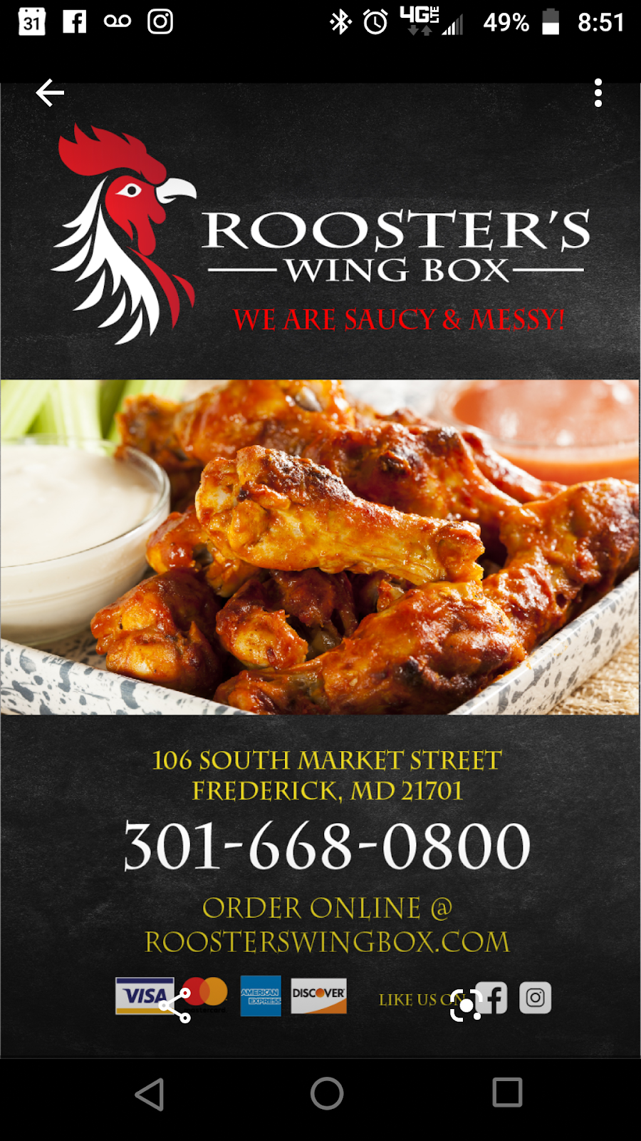 Roosters Wing Box | restaurant | 106 S Market St, Frederick, MD 21701, USA | 3016680800 OR +1 301-668-0800