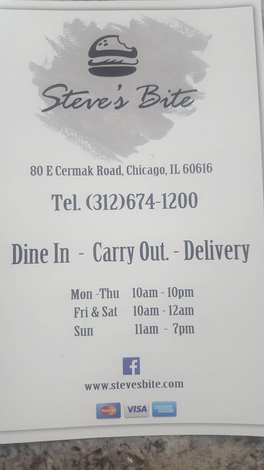 Steves Bite | restaurant | 80 E Cermak Rd, Chicago, IL 60616, USA | 3126741200 OR +1 312-674-1200