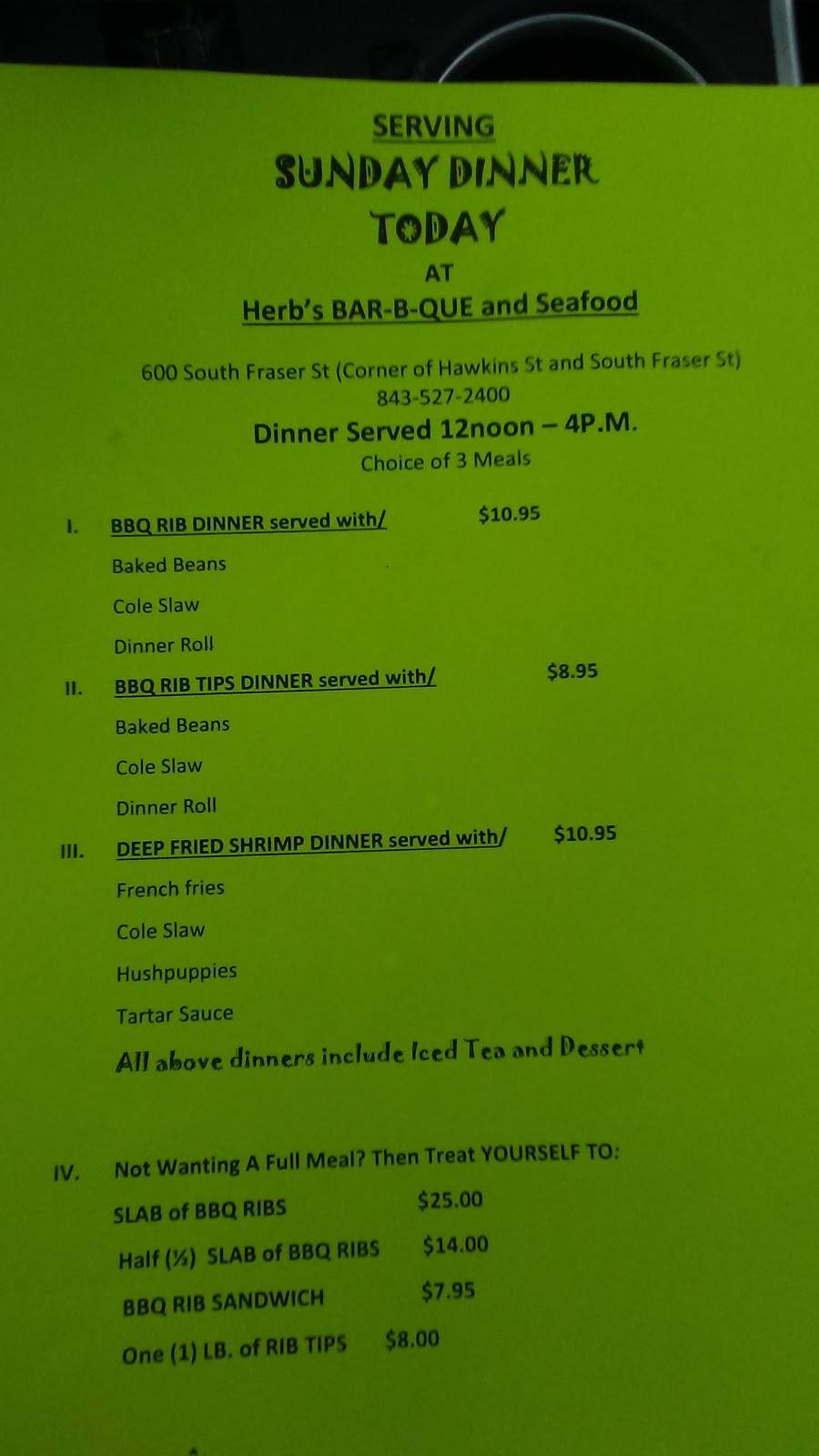 Herbs BBQ & Seafood | restaurant | 600 S Fraser St, Georgetown, SC 29440, USA | 8435272400 OR +1 843-527-2400