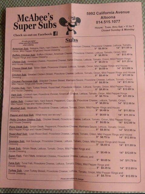 Mc Abees Super Sub | restaurant | 5992 California Ave, Altoona, PA 16602, USA | 8145151077 OR +1 814-515-1077