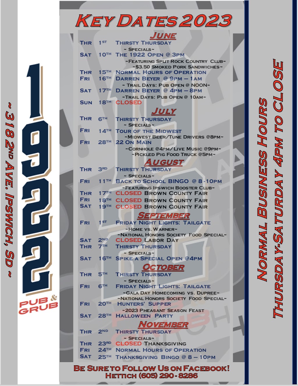 1922 Pub and Grub | restaurant | 318 2nd Ave, Ipswich, SD 57451, USA | 6052908286 OR +1 605-290-8286