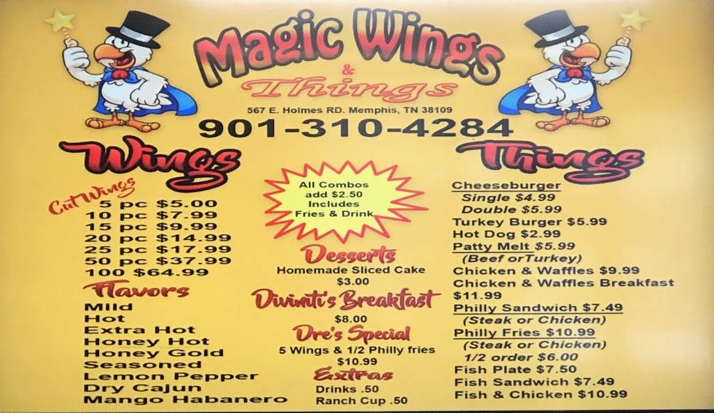 magic wings and things | restaurant | 567 E Holmes Rd, Memphis, TN 38109, USA | 9013104284 OR +1 901-310-4284
