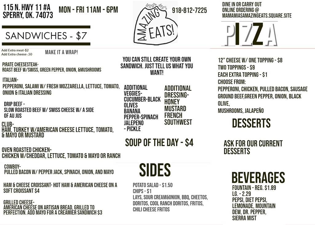 Mama Mias Amazing Eats | restaurant | 115 OK-11 #A, Sperry, OK 74073, USA | 9188127225 OR +1 918-812-7225