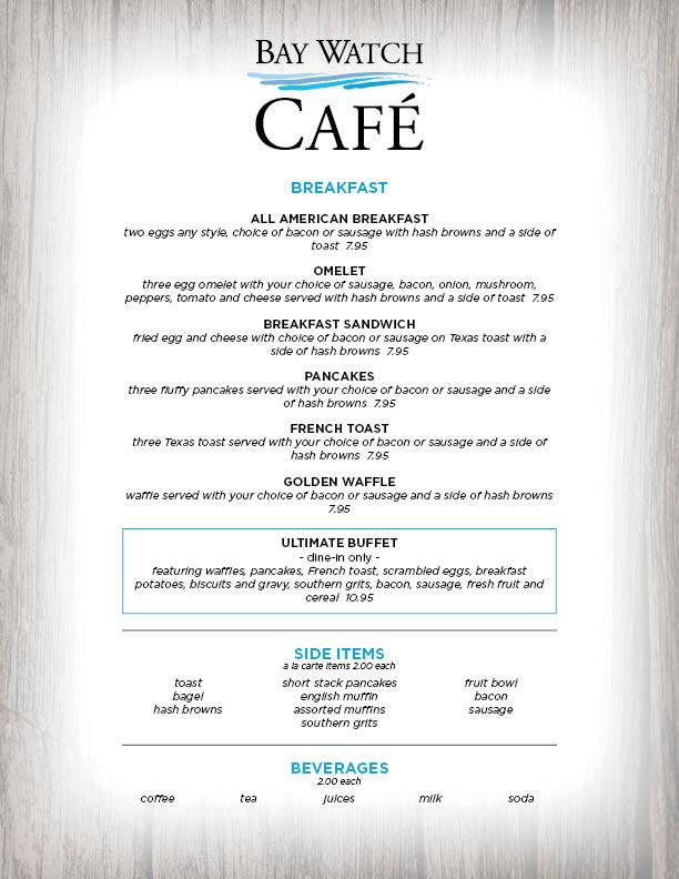 Bay Watch Cafe | restaurant | 2701 S Ocean Blvd, North Myrtle Beach, SC 29582, USA | 8432724600 OR +1 843-272-4600