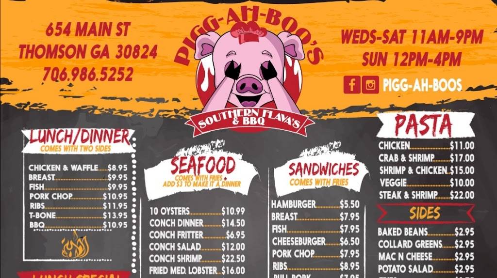 Pigg-ah-boos southern flavas and BBQ | restaurant | 654 Main St, Thomson, GA 30824, USA | 7069865252 OR +1 706-986-5252