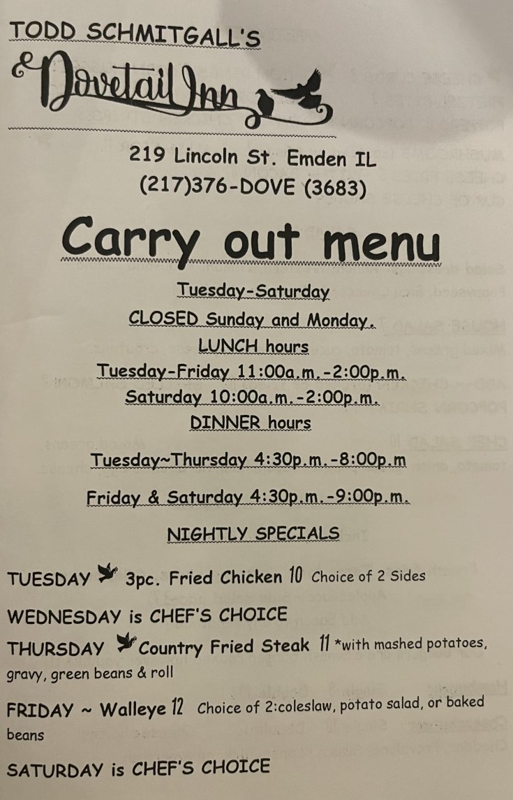 Dovetail Inn | restaurant | 219 Lincoln St, Emden, IL 62635, USA | 2173763683 OR +1 217-376-3683