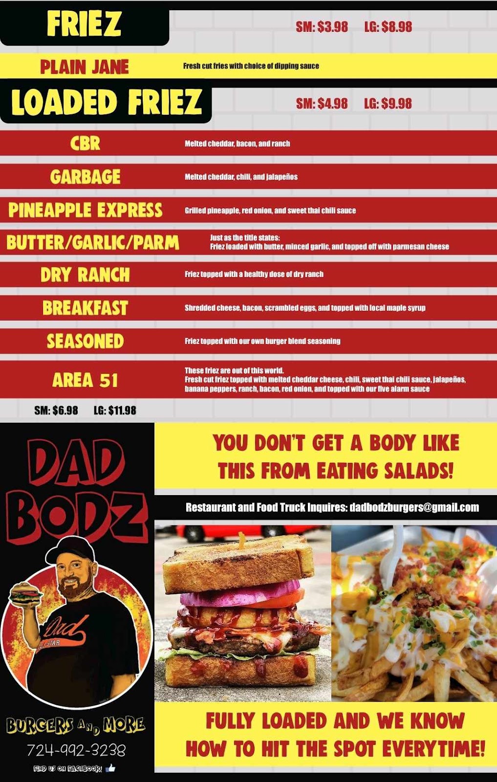 Dad Bodz Burgers and More | restaurant | 1337 Franklin Rd, Jackson Center, PA 16133, USA | 7242697006 OR +1 724-269-7006