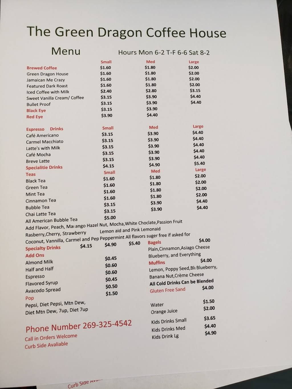 The Green Dragon Coffeehouse | restaurant | 8285 Arnt Blvd, Watervliet, MI 49098, USA | 2693254542 OR +1 269-325-4542