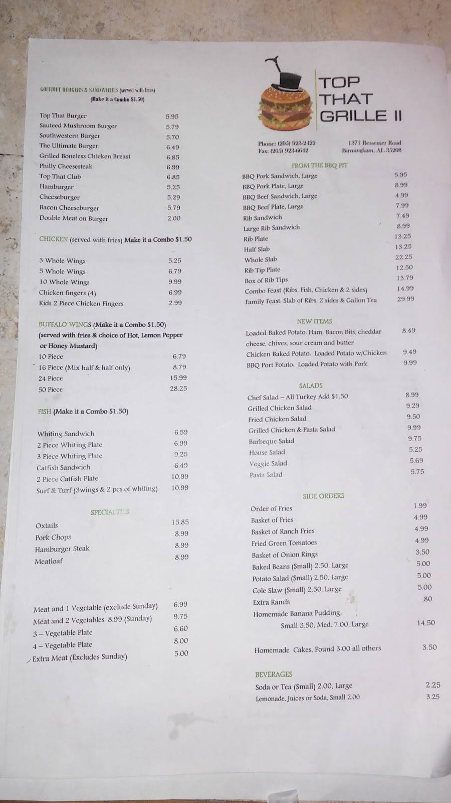 Top That Grille II | restaurant | 1371 Bessemer Rd, Birmingham, AL 35208, USA | 2059232422 OR +1 205-923-2422