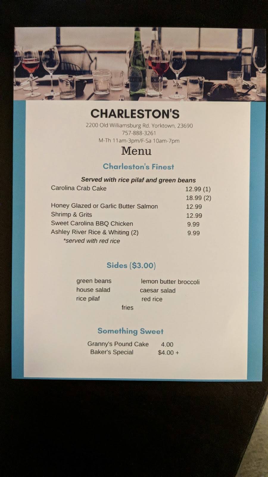 Charlestons | restaurant | 2200 Old Williamsburg Rd, Yorktown, VA 23690, USA | 7578883261 OR +1 757-888-3261