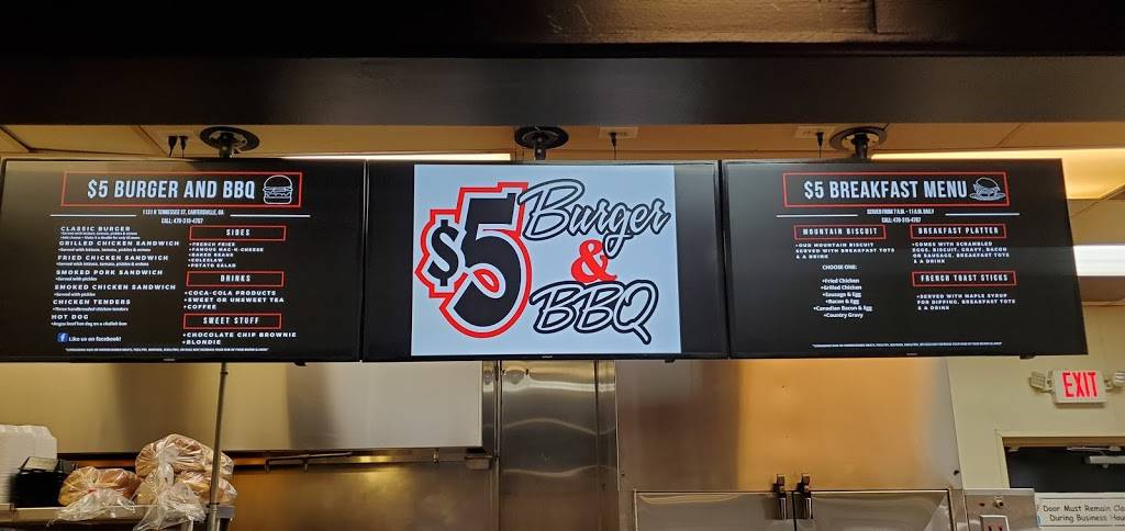 $5 Burger and BBQ | restaurant | 1131 N Tennessee St, Cartersville, GA 30120, USA | 4703154707 OR +1 470-315-4707