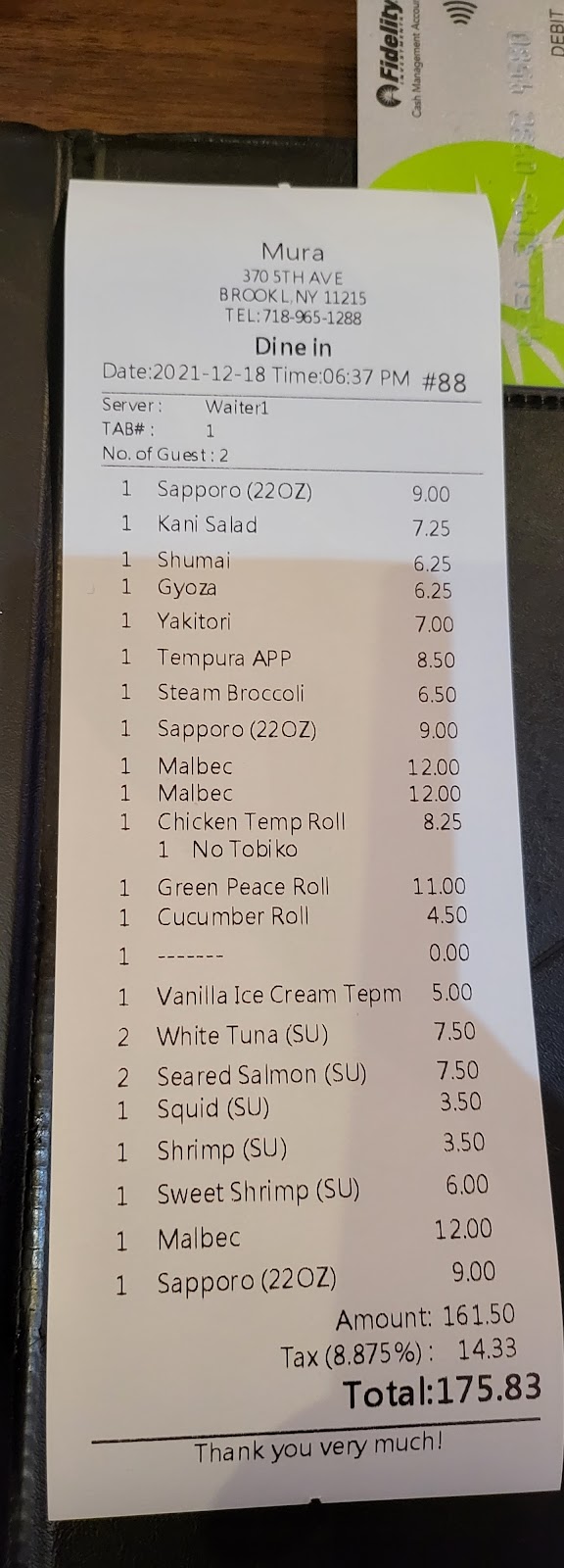 Mura Sushi | restaurant | 370 5th Ave, Brooklyn, NY 11215, USA | 7189651288 OR +1 718-965-1288