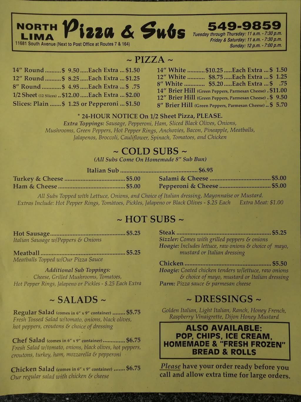 North Lima Pizza | restaurant | 11681 South Ave, North Lima, OH 44452, USA | 3305499859 OR +1 330-549-9859