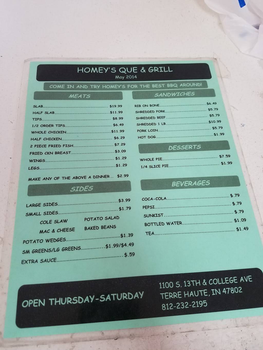 Homeys Que & Grill | restaurant | 1100 S 13th St, Terre Haute, IN 47802, USA | 8122322195 OR +1 812-232-2195