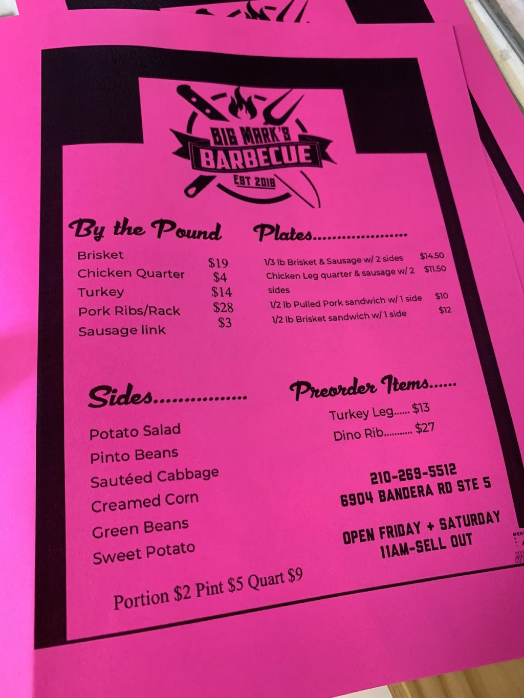 Big Mark’s Barbecue | restaurant | 6904 Bandera Rd #5, Leon Valley, TX 78238, USA | 2102695512 OR +1 210-269-5512