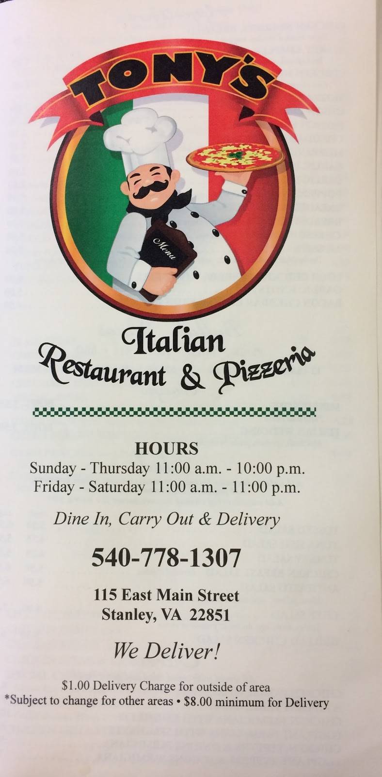 Tonys Italian Restaurant & Pizzeria | restaurant | 115 E Main St, Stanley, VA 22851, USA | 5407781327 OR +1 540-778-1327