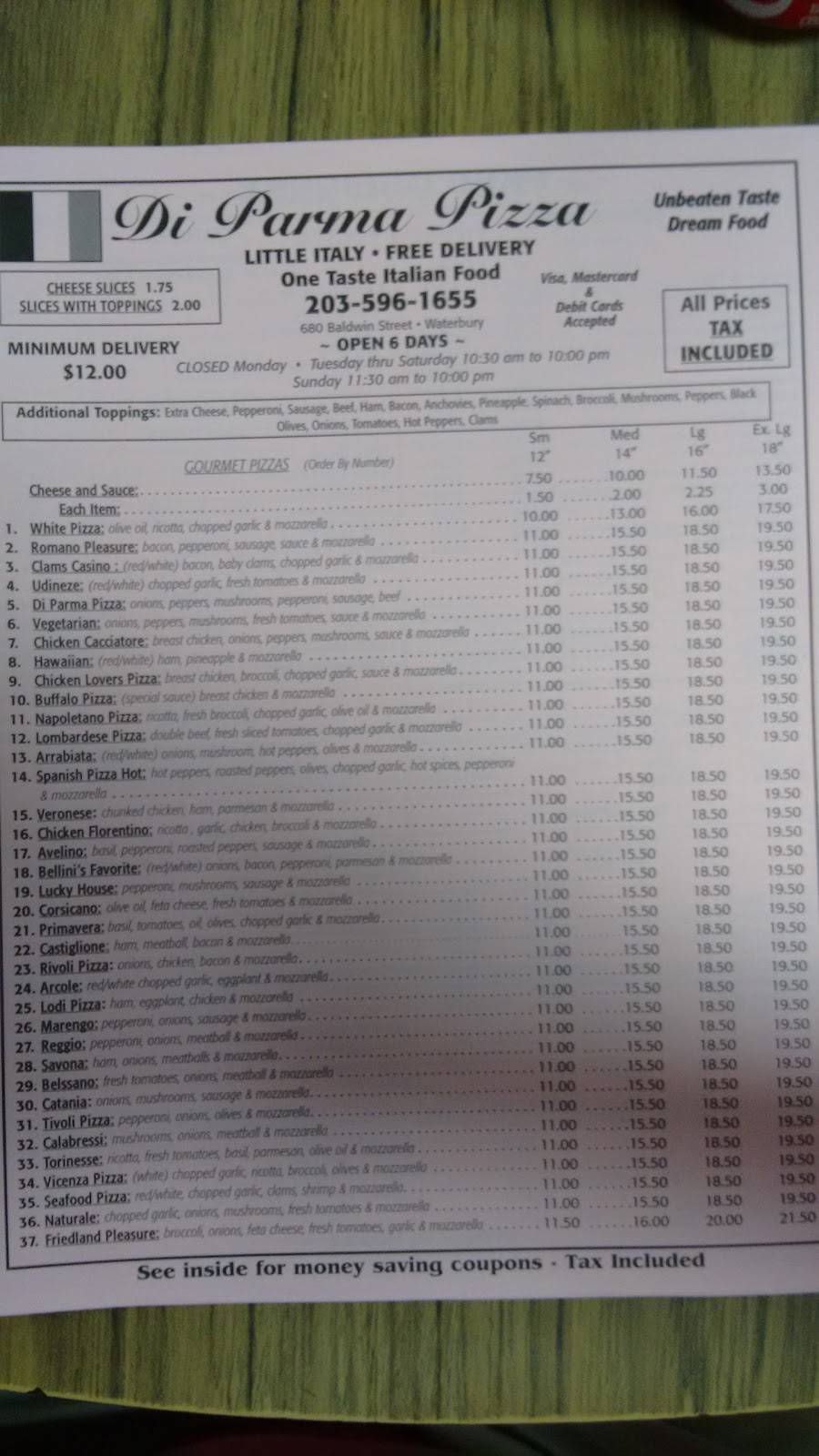 Di Parma Pizza | restaurant | 680 Baldwin St, Waterbury, CT 06706, USA | 2035961655 OR +1 203-596-1655