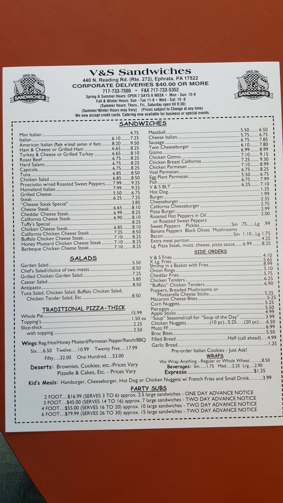 V & S Sandwiches | meal takeaway | 440 N Reading Rd, Ephrata, PA 17522, USA | 7177337500 OR +1 717-733-7500