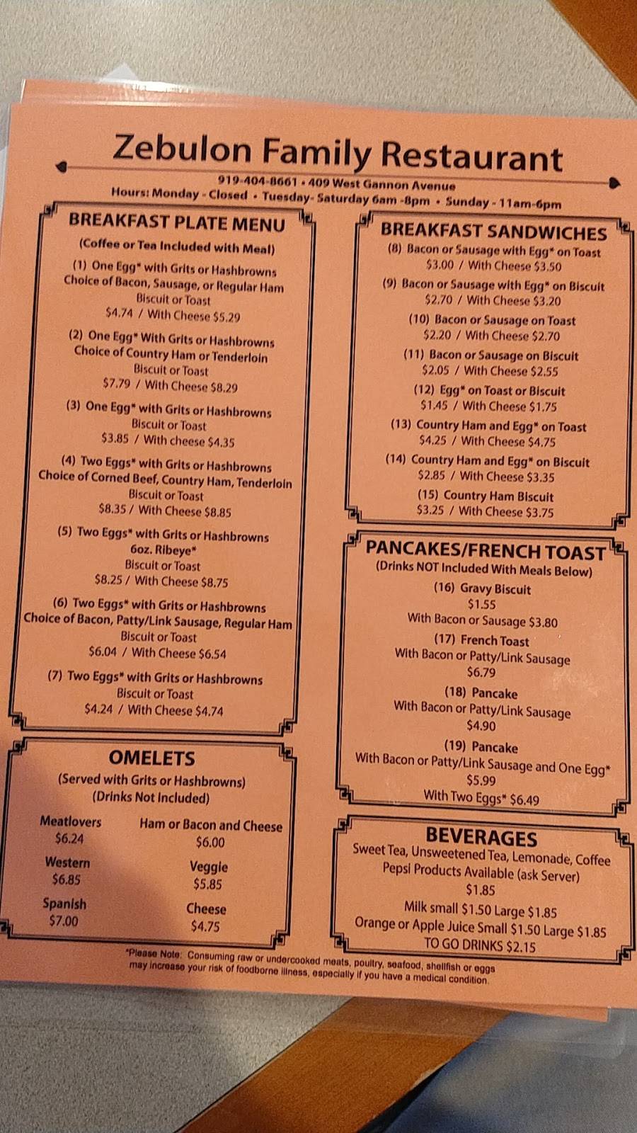 Zebulon Family Restaurant | restaurant | 409 W Gannon Ave, Zebulon, NC 27597, USA | 9194048661 OR +1 919-404-8661