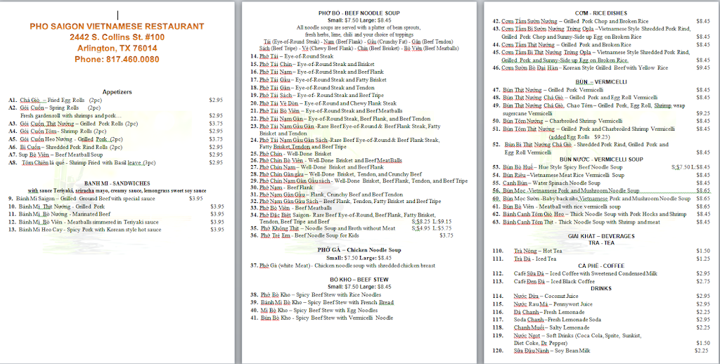 Pho Saigon | restaurant | 2442 S Collins St, Arlington, TX 76014, USA | 8174600080 OR +1 817-460-0080