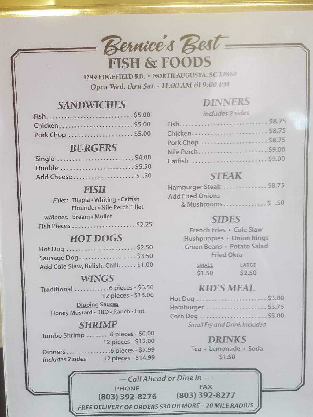 Bernices Best Fish And Foods | restaurant | 1799 Edgefield Rd, North Augusta, SC 29860, USA | 8033928276 OR +1 803-392-8276