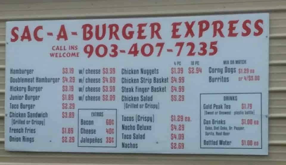 Sac A Burger | restaurant | 901 W Garland St, Grand Saline, TX 75140, USA | 9034077235 OR +1 903-407-7235