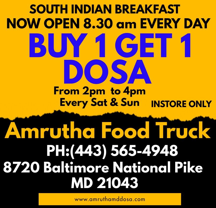 Amrutha Food Truck | restaurant | 8720 Baltimore National Pike, Ellicott City, MD 21043, USA | 4435654948 OR +1 443-565-4948