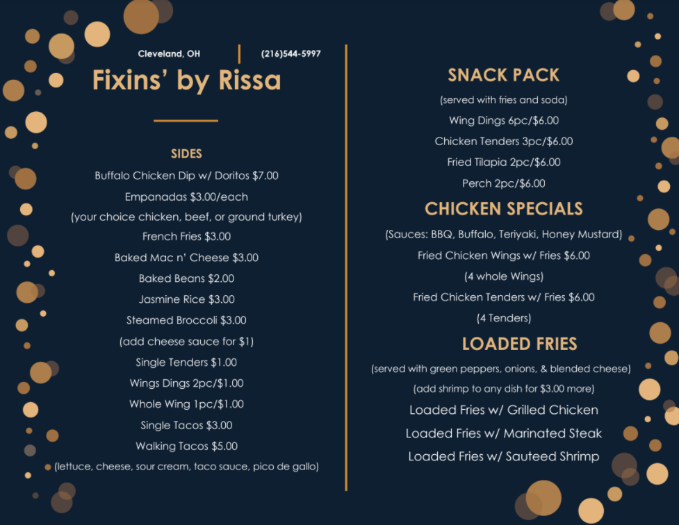 Fixins by Rissa | restaurant | 2526 E 36th St, Cleveland, OH 44115, USA | 2165445997 OR +1 216-544-5997