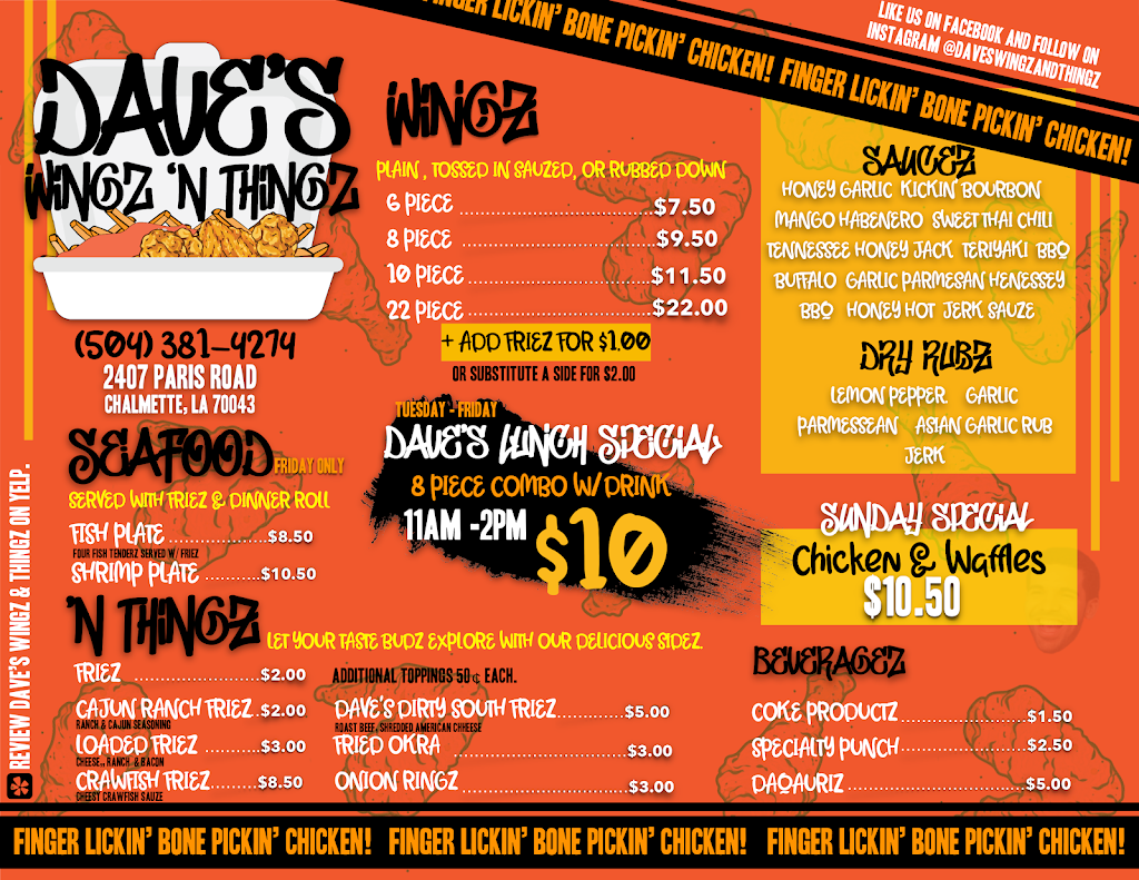 Daves Wingz N Thingz | restaurant | 2407 Paris Rd Suite A, Chalmette, LA 70043, USA | 5043814274 OR +1 504-381-4274