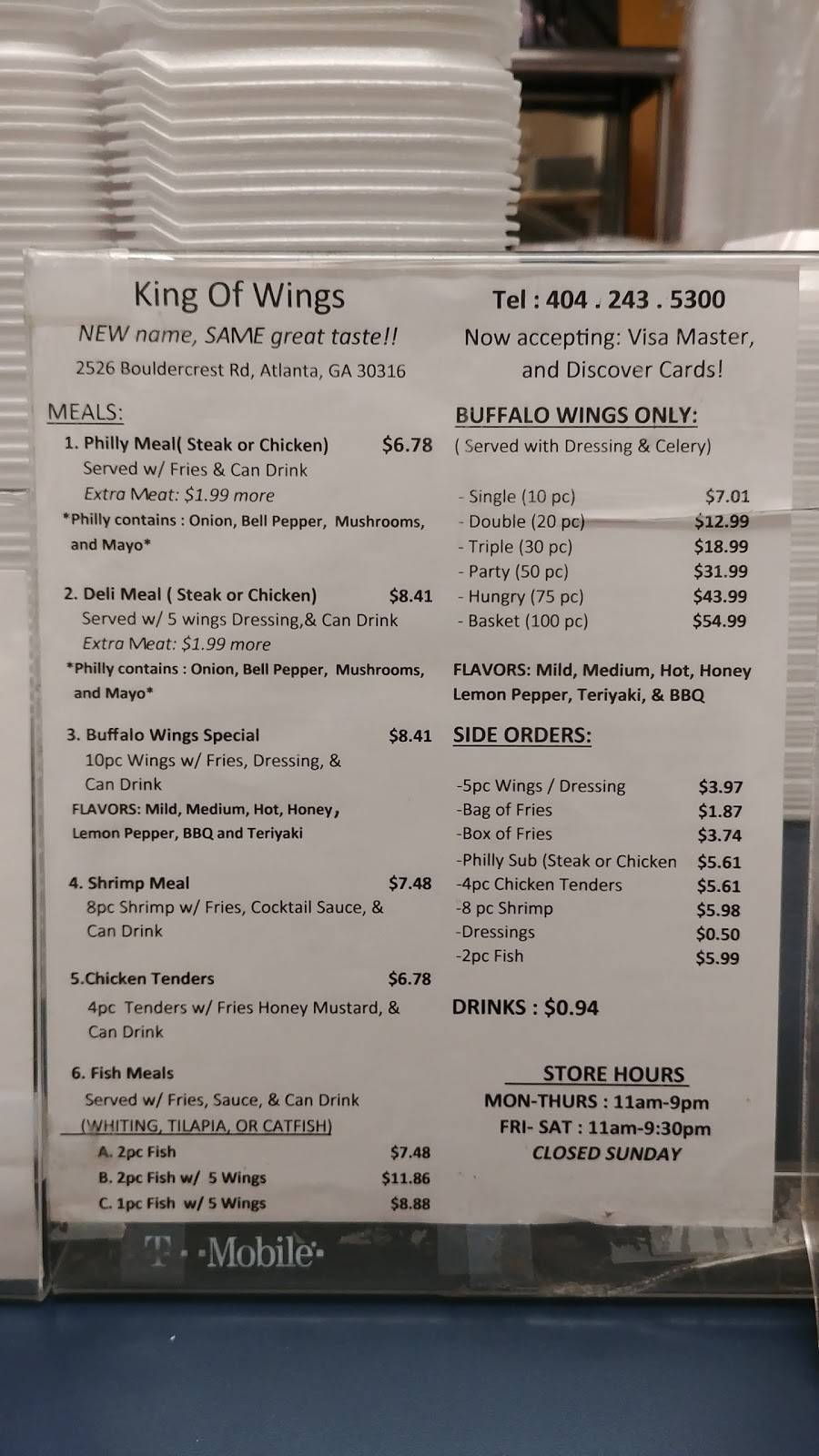 King of Wings | restaurant | 4838, 2526 Bouldercrest Rd, Atlanta, GA 30316, USA | 4042435300 OR +1 404-243-5300