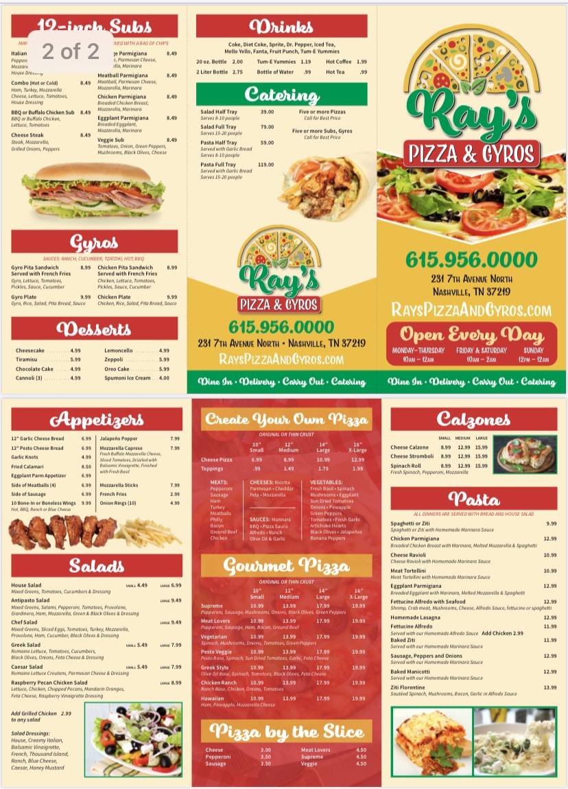 Rays Pizza & Gyros | meal delivery | 231 7th Ave N, Nashville, TN 37203, USA | 6159560000 OR +1 615-956-0000
