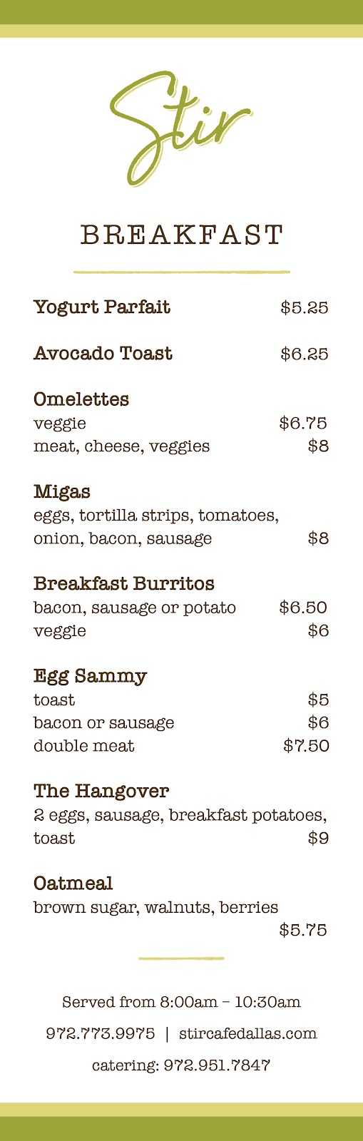 Stir Cafe | restaurant | 5956 Sherry Ln #100, Dallas, TX 75225, USA | 9727739975 OR +1 972-773-9975