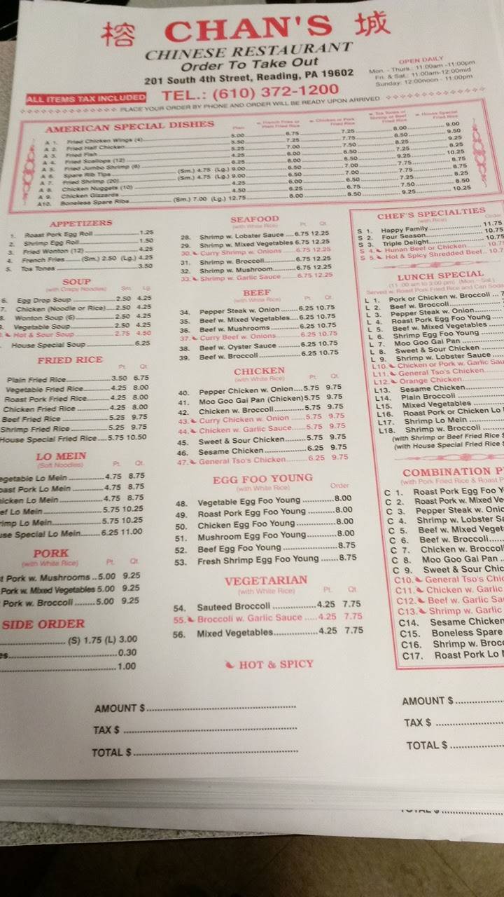 Chans | restaurant | 201 S 4th St, Reading, PA 19602, USA | 6103721200 OR +1 610-372-1200