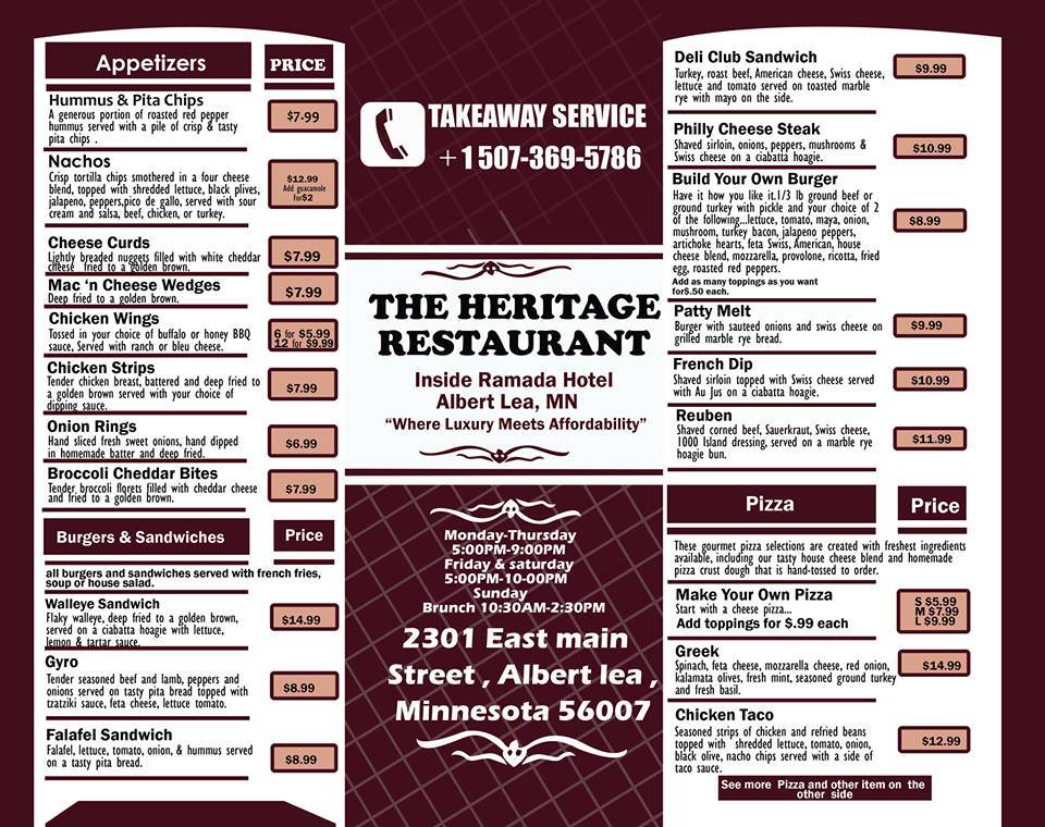 The Heritage Restaurant | restaurant | 2301 E Main St, Albert Lea, MN 56007, USA | 5073695786 OR +1 507-369-5786