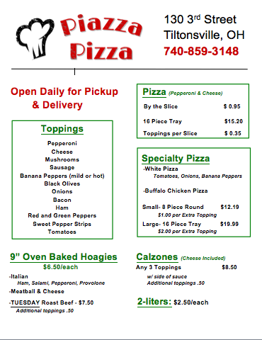 Piazza Pizza | restaurant | 130 3rd St, Tiltonsville, OH 43963, USA | 7408593148 OR +1 740-859-3148