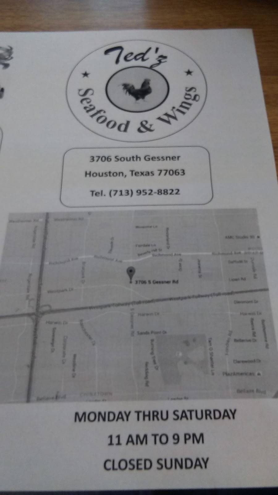 Tedz Seafood & Wings | restaurant | 3706 S Gessner Rd, Houston, TX 77063, USA | 7139528822 OR +1 713-952-8822