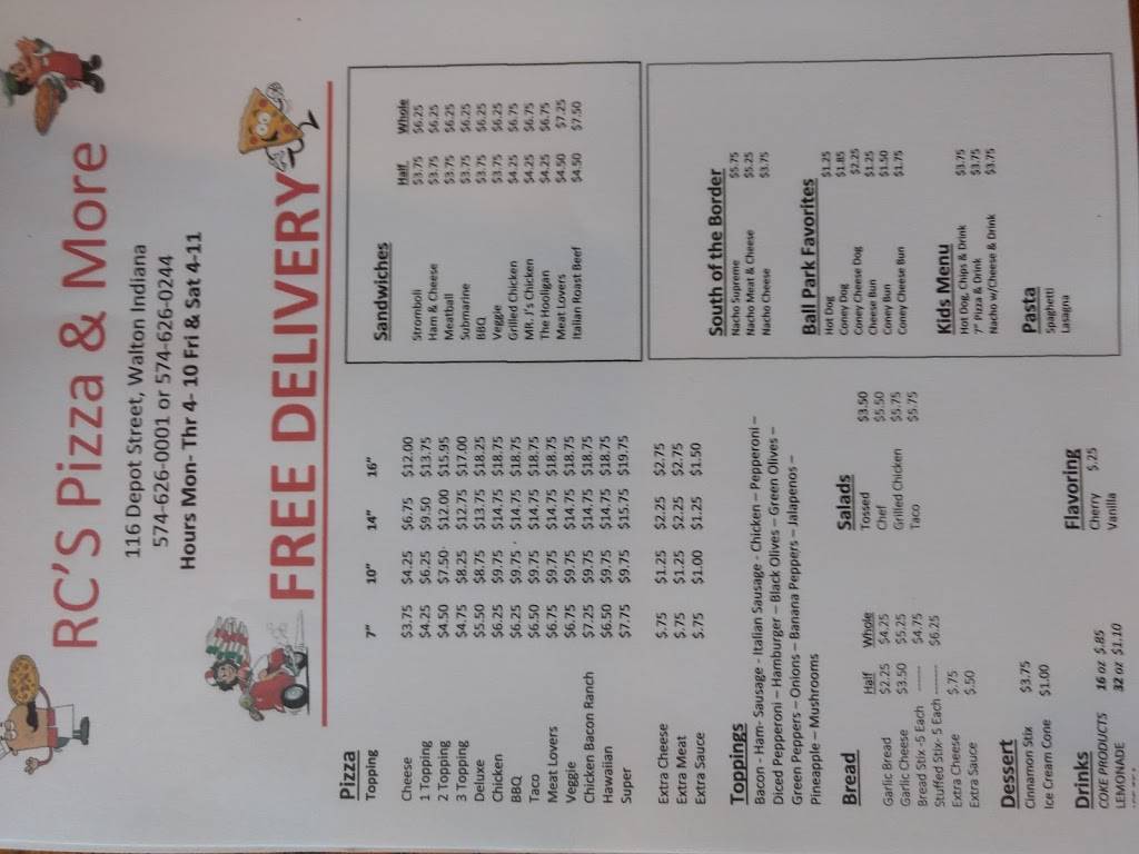 RCs Pizza | restaurant | 116 S Depot St, Walton, IN 46994, USA | 5746260001 OR +1 574-626-0001