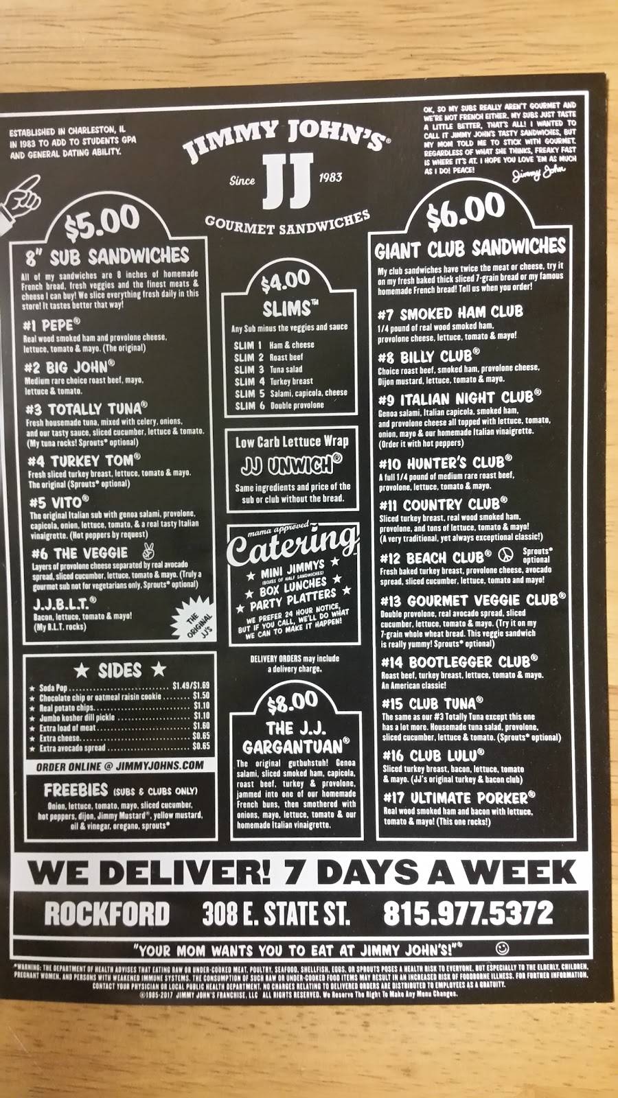 Jimmy Johns | meal delivery | 308 E State St, Rockford, IL 61104, USA | 8159775372 OR +1 815-977-5372