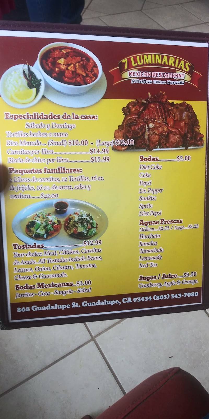 7 Luminarias | restaurant | 868 Guadalupe St, Guadalupe, CA 93434, USA | 8053437080 OR +1 805-343-7080