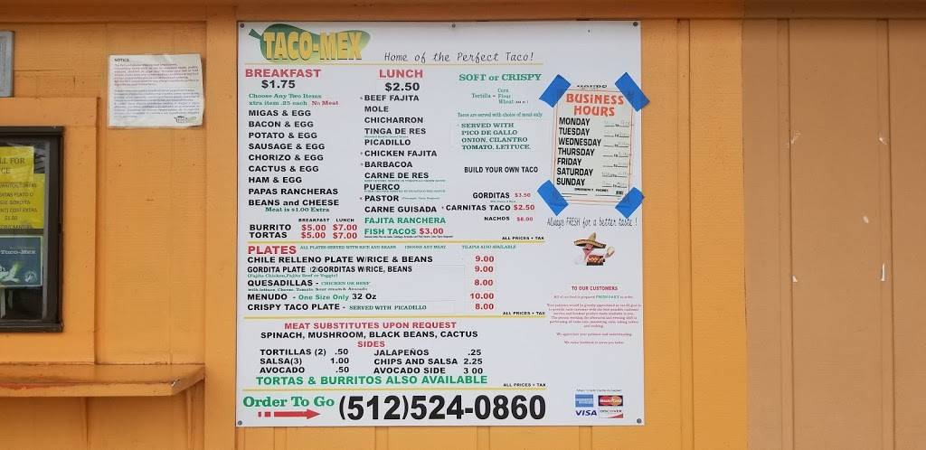 Taco Mex | restaurant | 2611 Manor Rd, Austin, TX 78722, USA | 5125240860 OR +1 512-524-0860