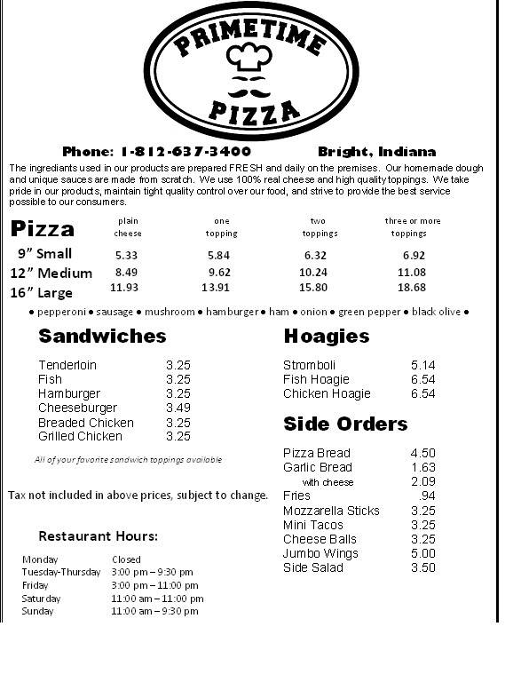 Primetime Pizza | restaurant | 23998 State Line Rd, Lawrenceburg, IN 47025, USA | 8126373400 OR +1 812-637-3400