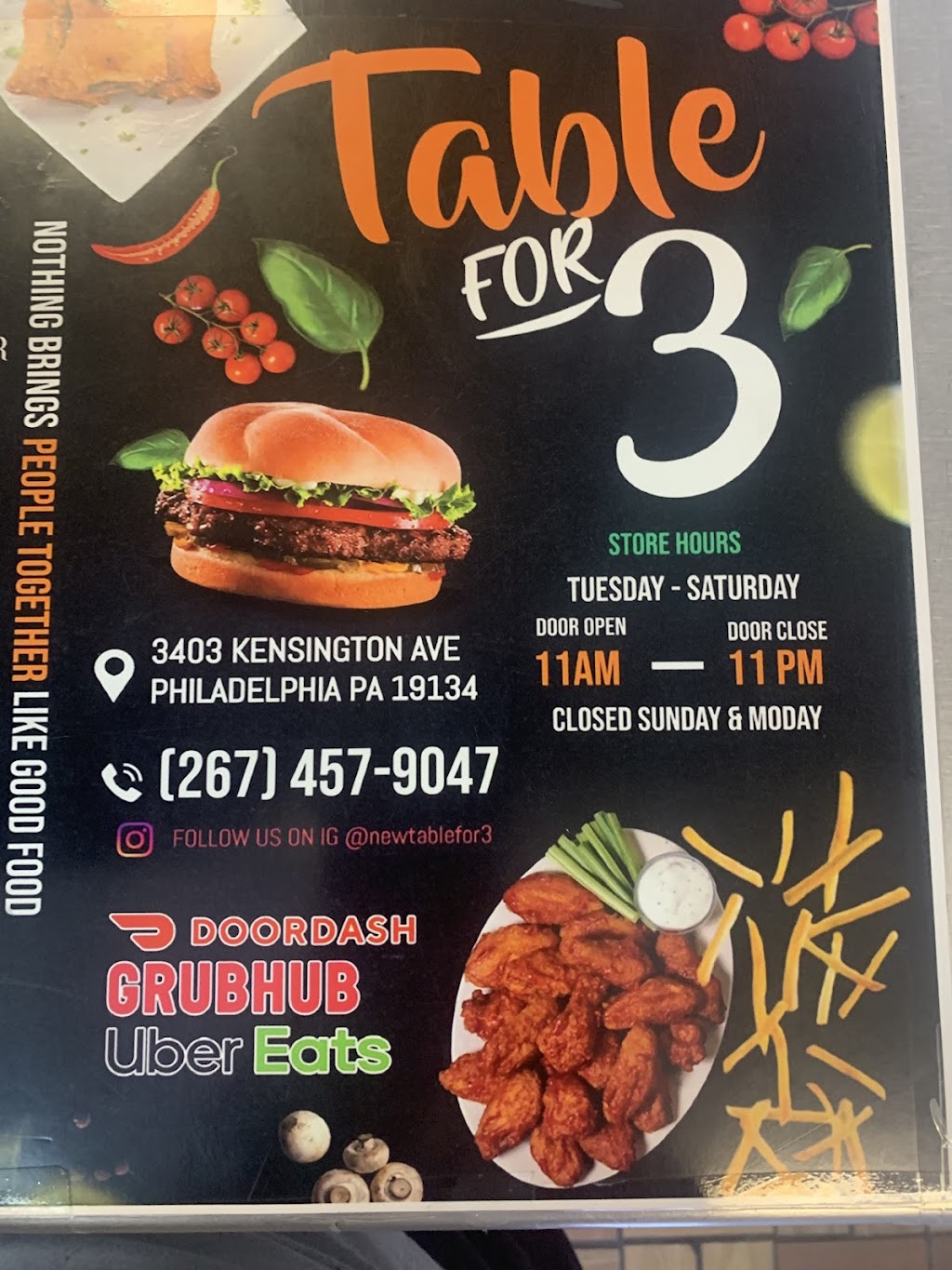Table for 3 | meal takeaway | 3403 Kensington Ave, Philadelphia, PA 19134, USA | 2674579047 OR +1 267-457-9047